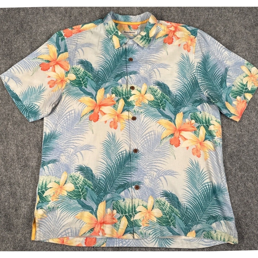 Tommy Bahama Silk Blend IslandZone Mens Large Tropical Palm Button‎ Front Shirt